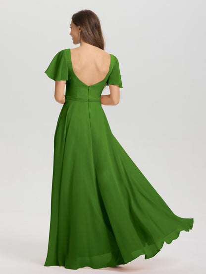 A-Line Square Neck Short Ruffle Sleeves Floor Length Chiffon Bridesmaid Dress