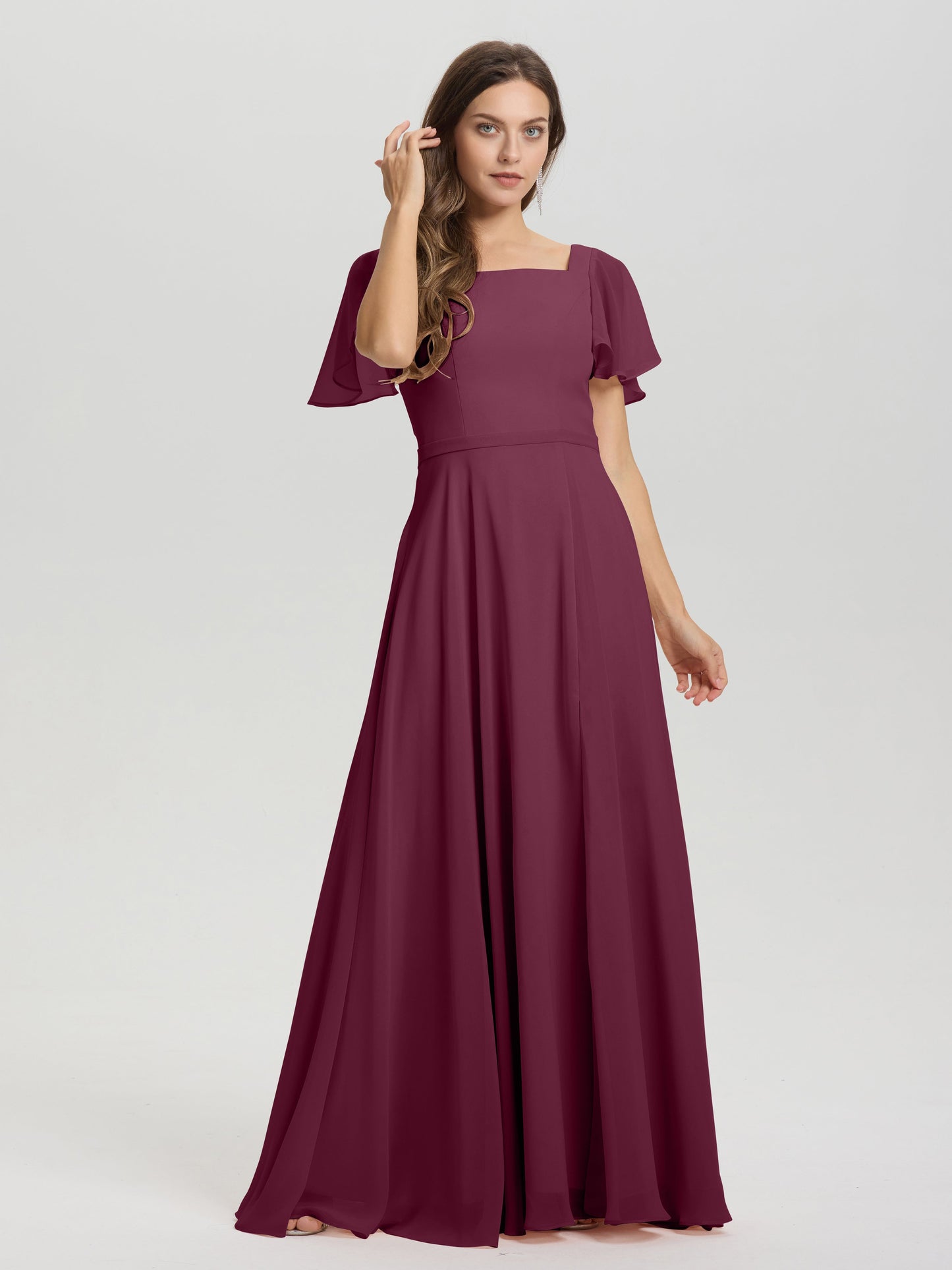 A-Line Square Neck Short Ruffle Sleeves Floor Length Chiffon Bridesmaid Dress
