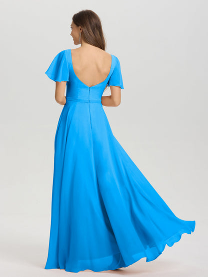 A-Line Square Neck Short Ruffle Sleeves Floor Length Chiffon Bridesmaid Dress