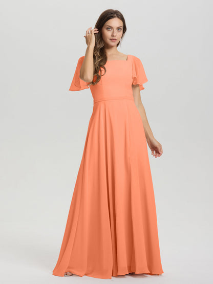 A-Line Square Neck Short Ruffle Sleeves Floor Length Chiffon Bridesmaid Dress