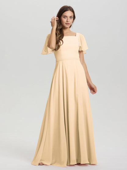 A-Line Square Neck Short Ruffle Sleeves Floor Length Chiffon Bridesmaid Dress