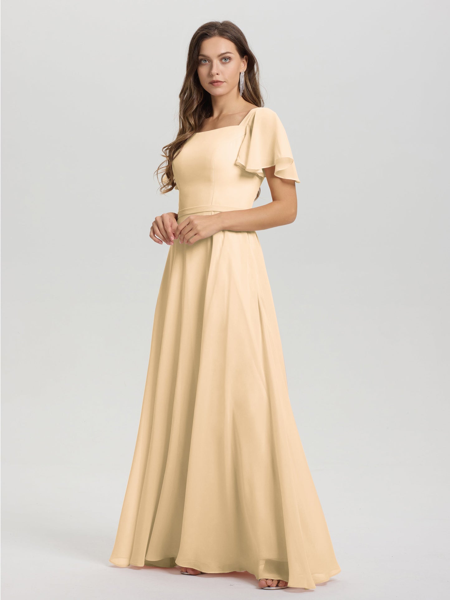 A-Line Square Neck Short Ruffle Sleeves Floor Length Chiffon Bridesmaid Dress
