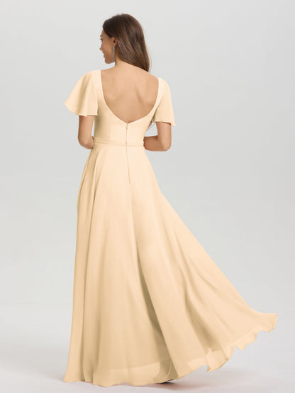 A-Line Square Neck Short Ruffle Sleeves Floor Length Chiffon Bridesmaid Dress
