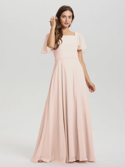 A-Line Square Neck Short Ruffle Sleeves Floor Length Chiffon Bridesmaid Dress