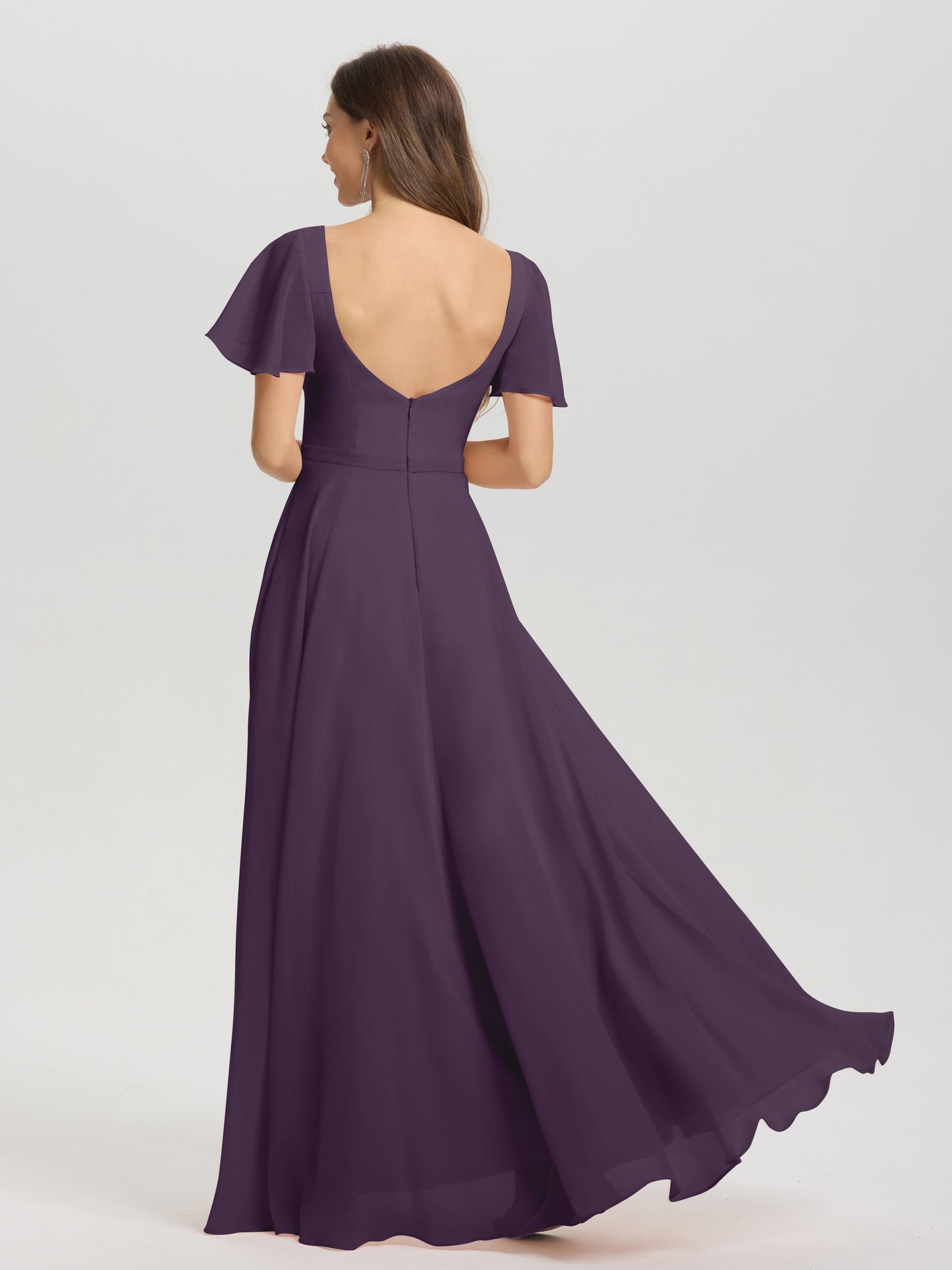 A-Line Square Neck Short Ruffle Sleeves Floor Length Chiffon Bridesmaid Dress
