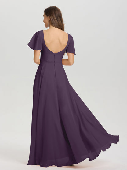 A-Line Square Neck Short Ruffle Sleeves Floor Length Chiffon Bridesmaid Dress