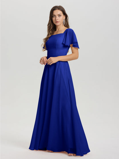 A-Line Square Neck Short Ruffle Sleeves Floor Length Chiffon Bridesmaid Dress