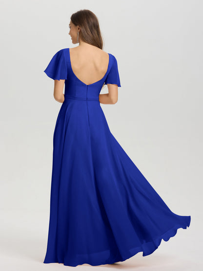 A-Line Square Neck Short Ruffle Sleeves Floor Length Chiffon Bridesmaid Dress