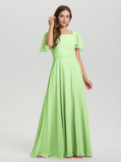 A-Line Square Neck Short Ruffle Sleeves Floor Length Chiffon Bridesmaid Dress