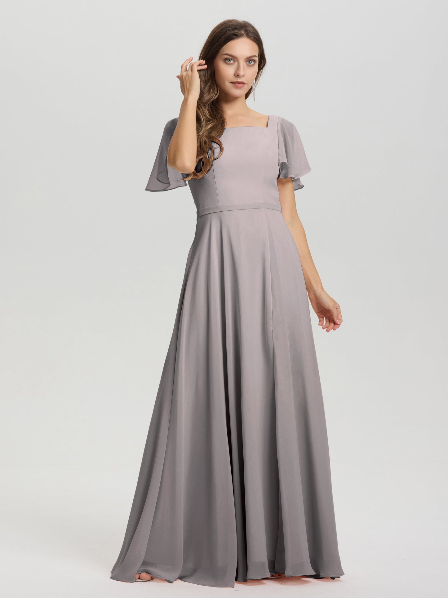 A-Line Square Neck Short Ruffle Sleeves Floor Length Chiffon Bridesmaid Dress