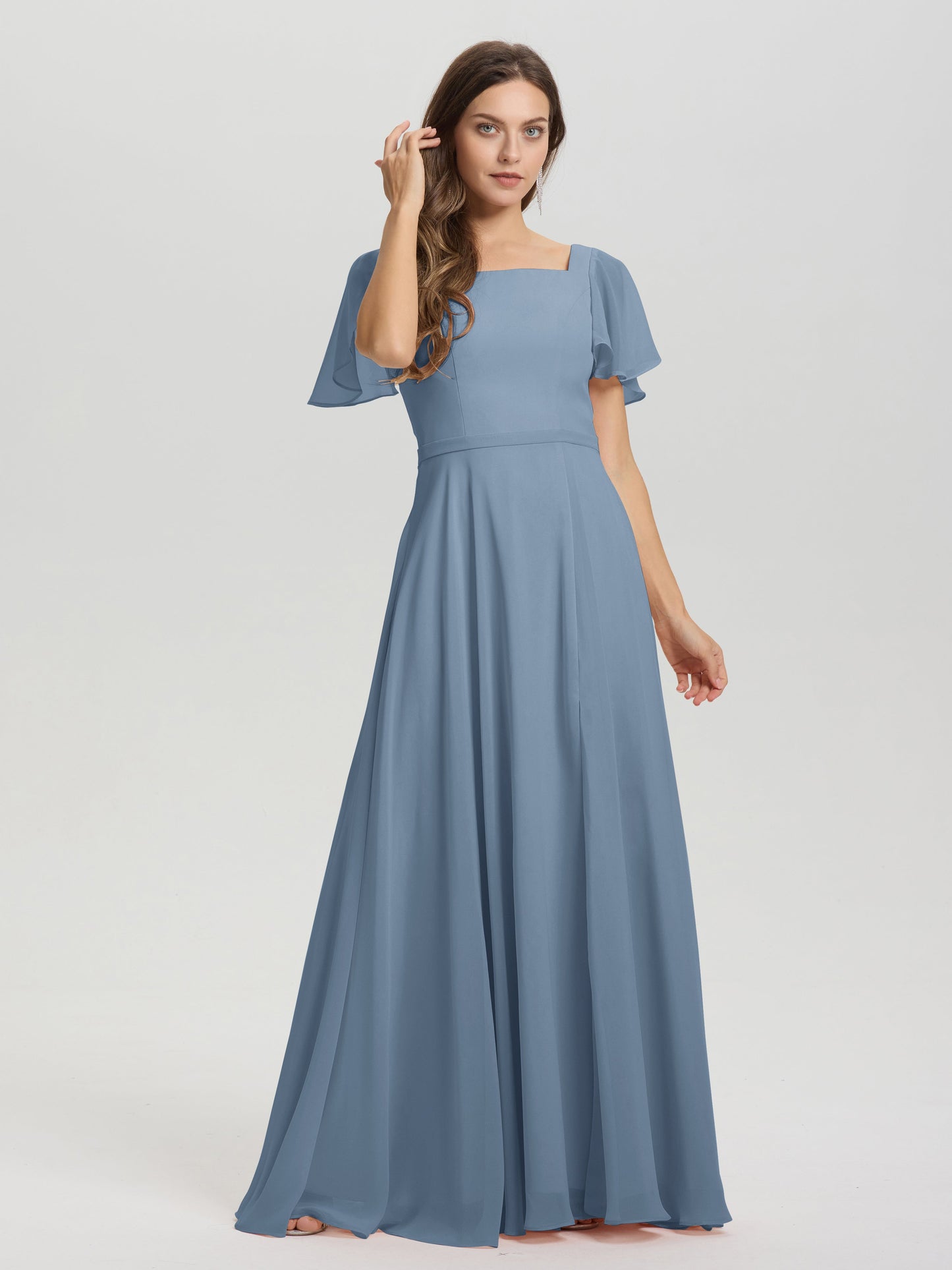 A-Line Square Neck Short Ruffle Sleeves Floor Length Chiffon Bridesmaid Dress