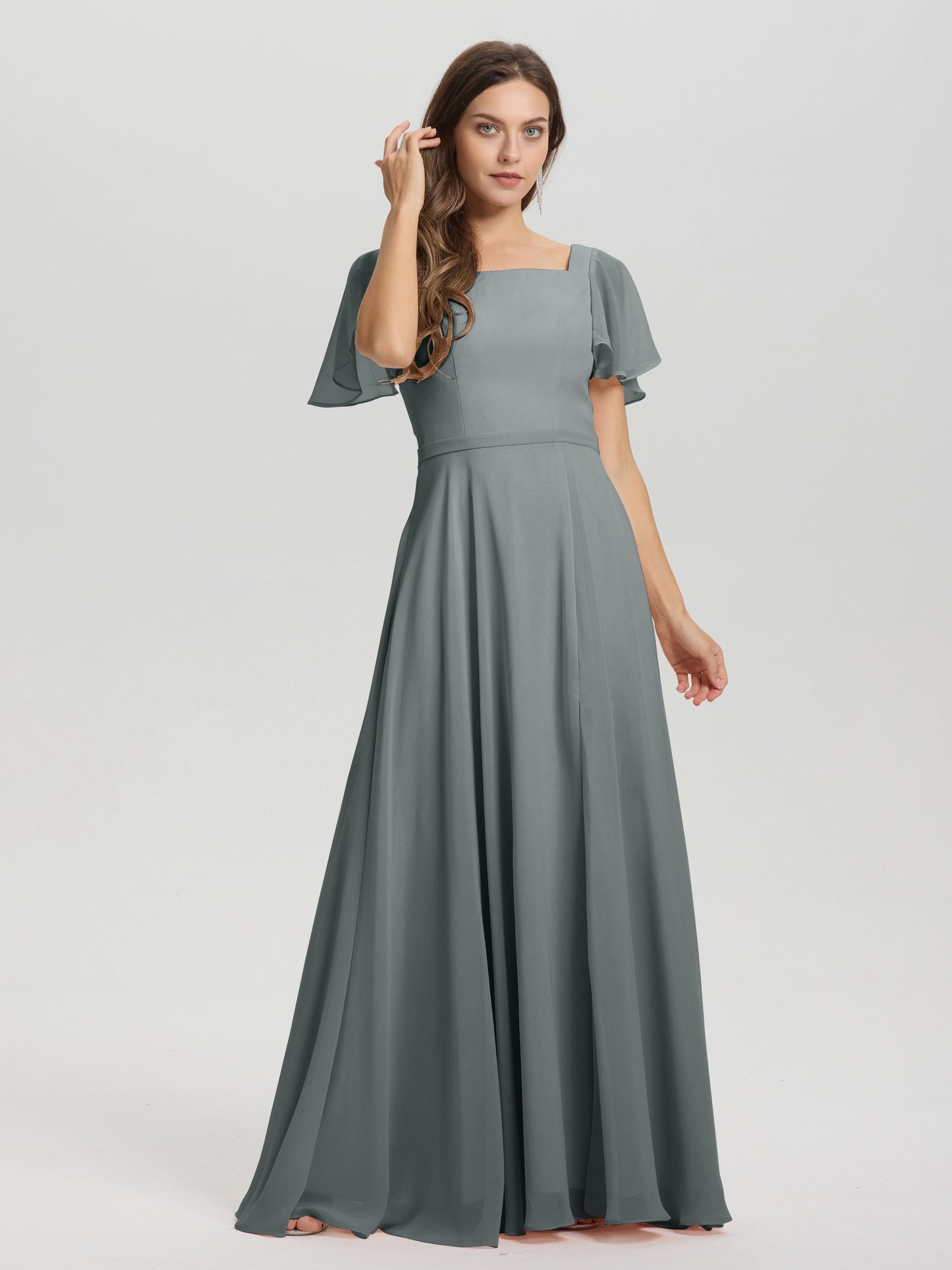 A-Line Square Neck Short Ruffle Sleeves Floor Length Chiffon Bridesmaid Dress