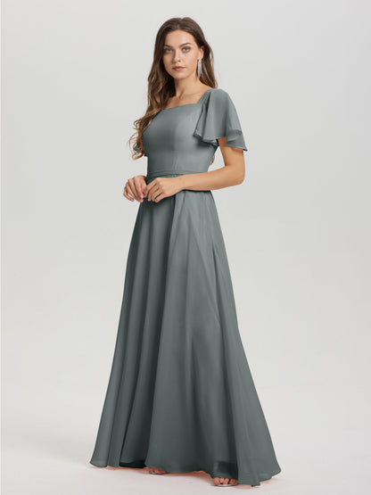A-Line Square Neck Short Ruffle Sleeves Floor Length Chiffon Bridesmaid Dress
