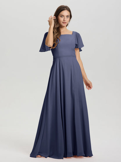 A-Line Square Neck Short Ruffle Sleeves Floor Length Chiffon Bridesmaid Dress