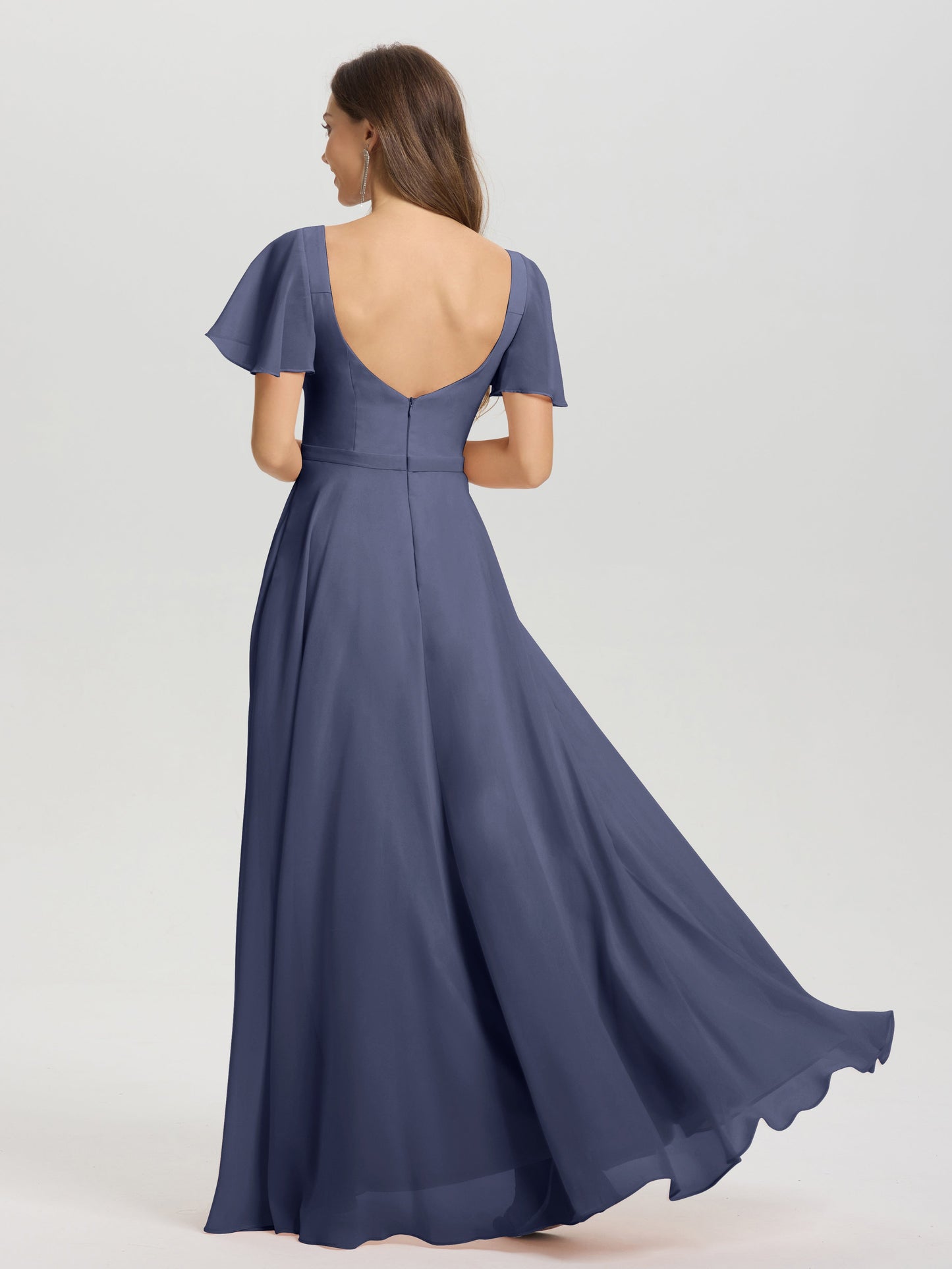 A-Line Square Neck Short Ruffle Sleeves Floor Length Chiffon Bridesmaid Dress