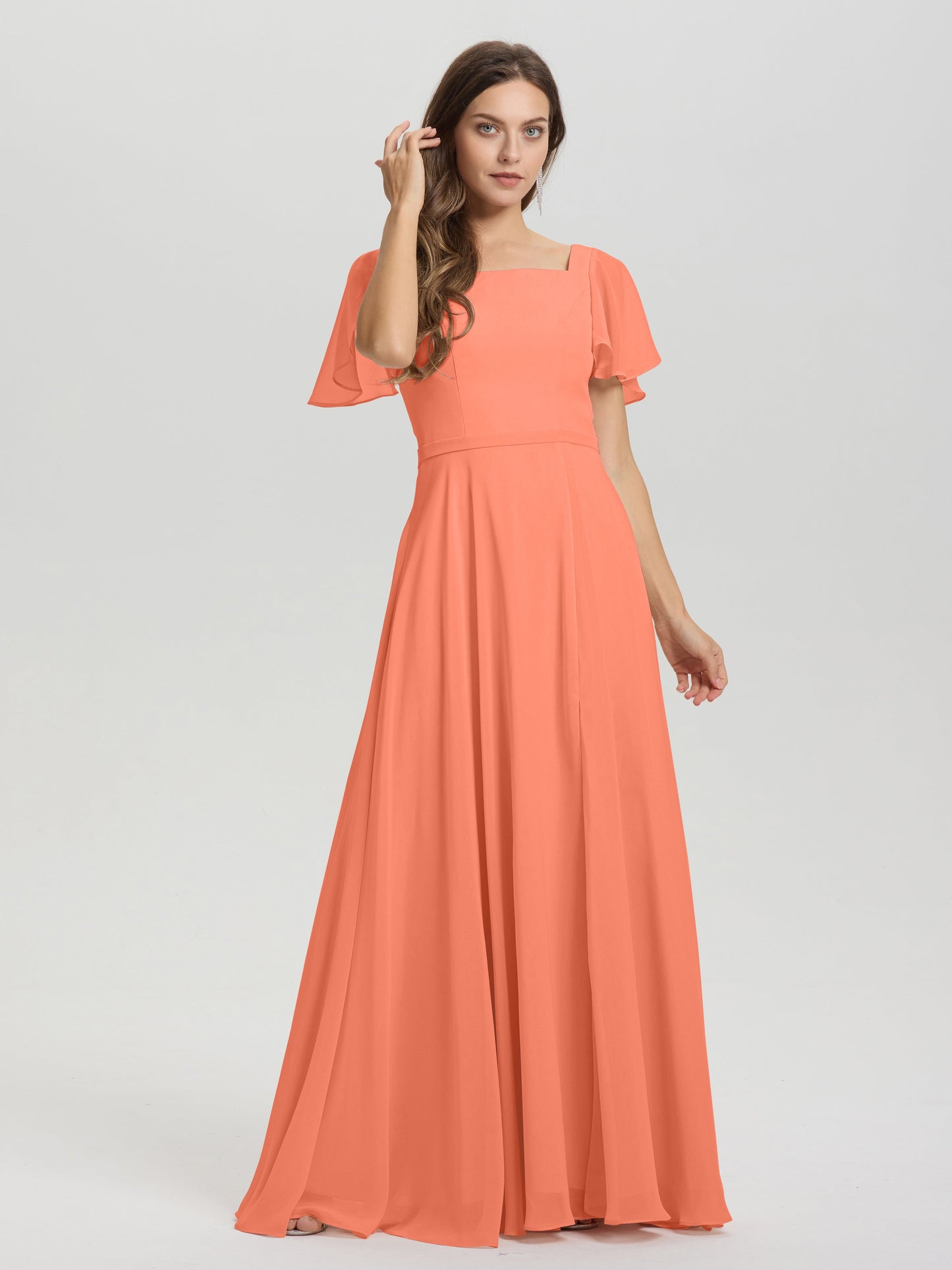A-Line Square Neck Short Ruffle Sleeves Floor Length Chiffon Bridesmaid Dress