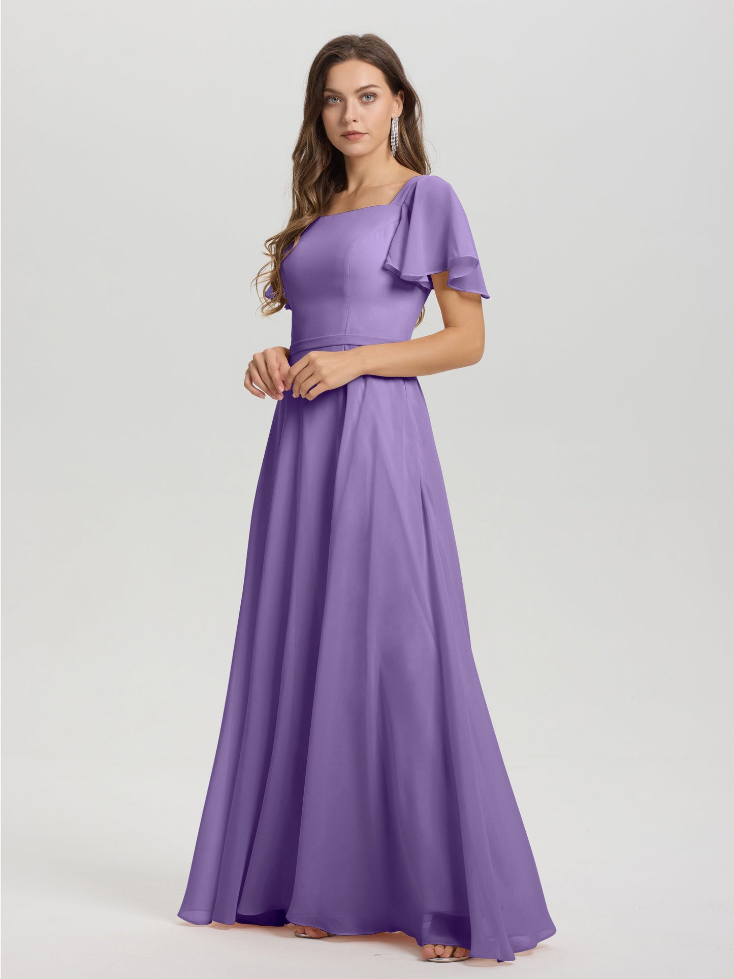 A-Line Square Neck Short Ruffle Sleeves Floor Length Chiffon Bridesmaid Dress