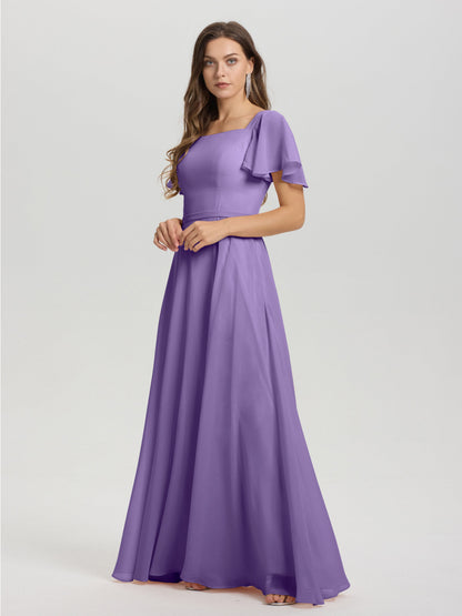 A-Line Square Neck Short Ruffle Sleeves Floor Length Chiffon Bridesmaid Dress
