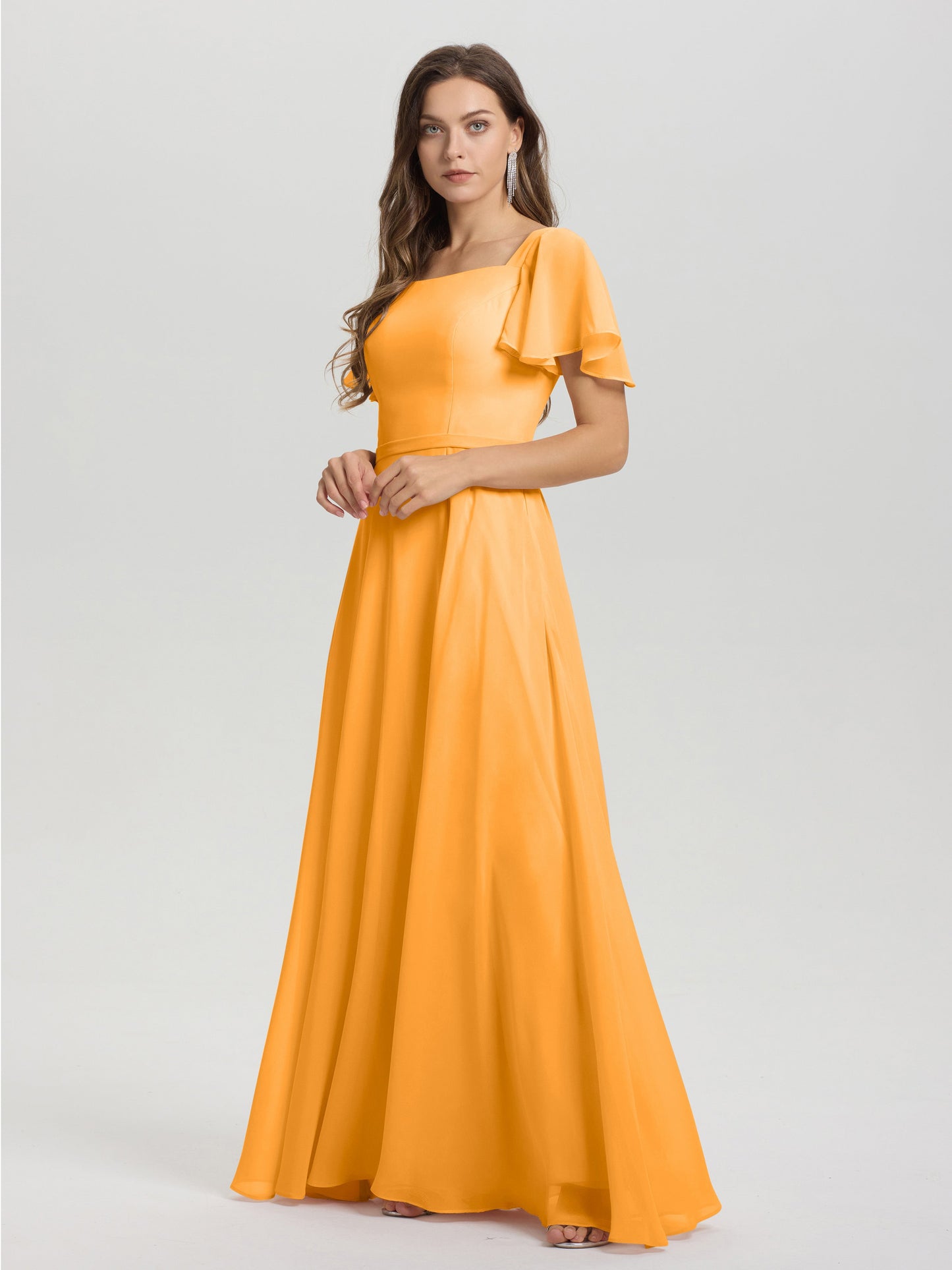 A-Line Square Neck Short Ruffle Sleeves Floor Length Chiffon Bridesmaid Dress