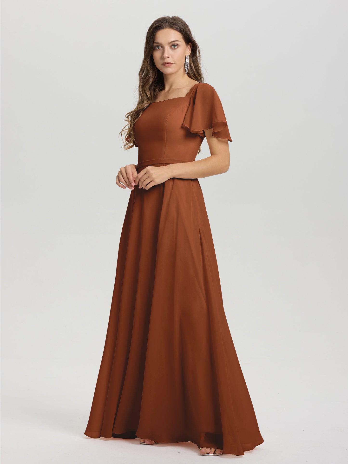A-Line Square Neck Short Ruffle Sleeves Floor Length Chiffon Bridesmaid Dress