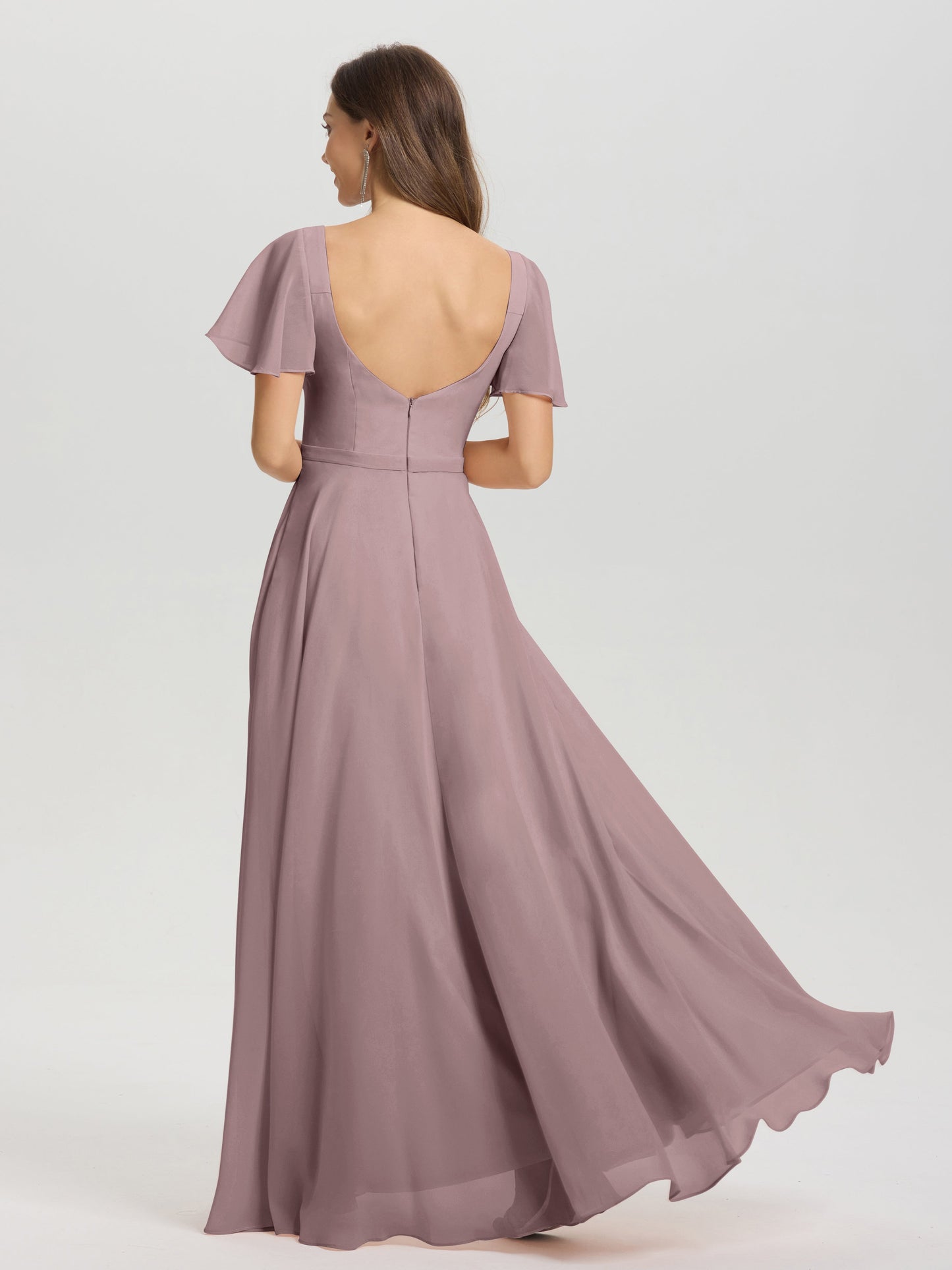 A-Line Square Neck Short Ruffle Sleeves Floor Length Chiffon Bridesmaid Dress