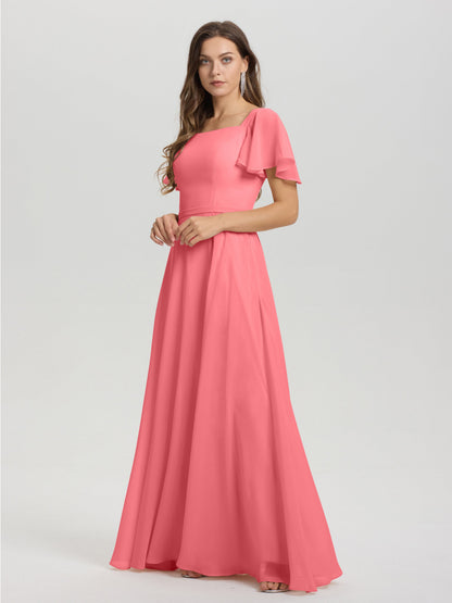 A-Line Square Neck Short Ruffle Sleeves Floor Length Chiffon Bridesmaid Dress