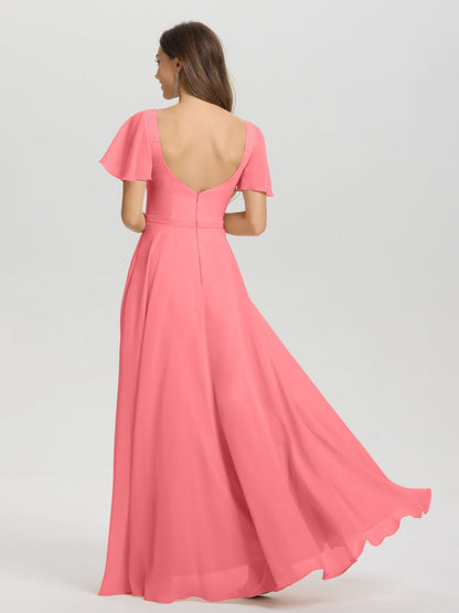 A-Line Square Neck Short Ruffle Sleeves Floor Length Chiffon Bridesmaid Dress