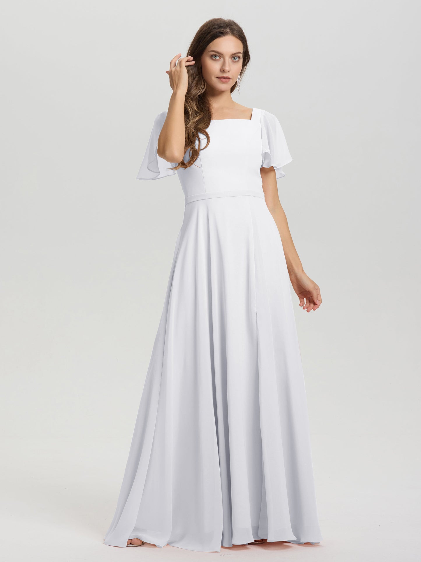 A-Line Square Neck Short Ruffle Sleeves Floor Length Chiffon Bridesmaid Dress