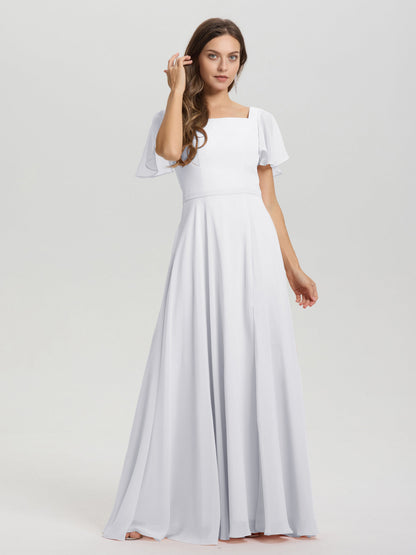 A-Line Square Neck Short Ruffle Sleeves Floor Length Chiffon Bridesmaid Dress