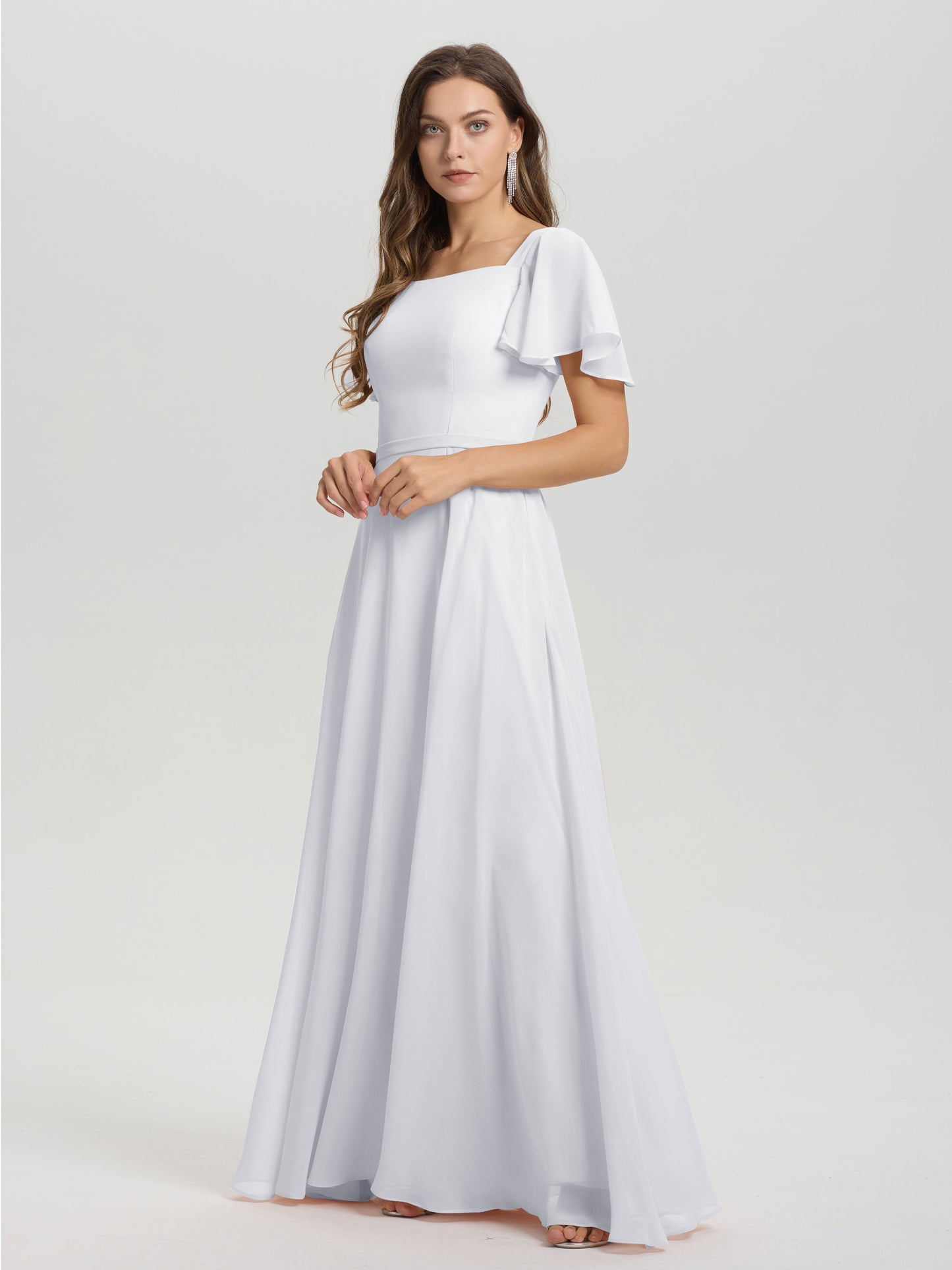 A-Line Square Neck Short Ruffle Sleeves Floor Length Chiffon Bridesmaid Dress