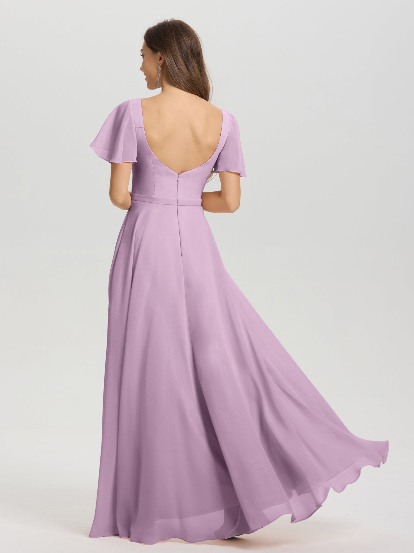 A-Line Square Neck Short Ruffle Sleeves Floor Length Chiffon Bridesmaid Dress