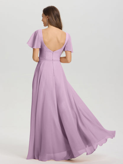 A-Line Square Neck Short Ruffle Sleeves Floor Length Chiffon Bridesmaid Dress