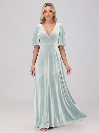 A-Line V-Neck Short Sleeves Velvet Bridesmaid Dresses