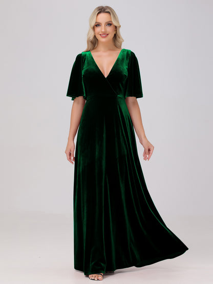A-Line V-Neck Short Sleeves Velvet Bridesmaid Dresses