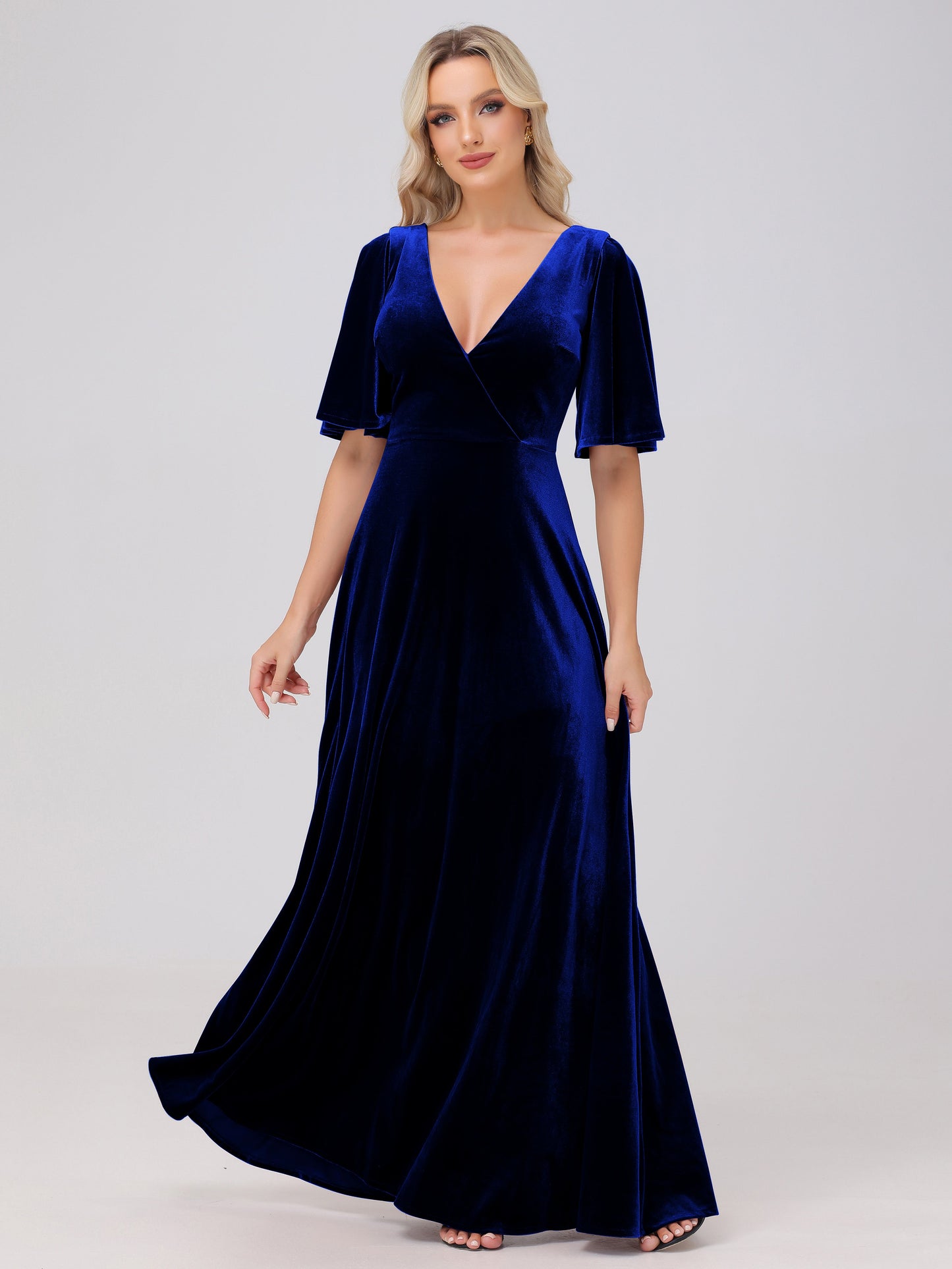 A-Line V-Neck Short Sleeves Velvet Bridesmaid Dresses