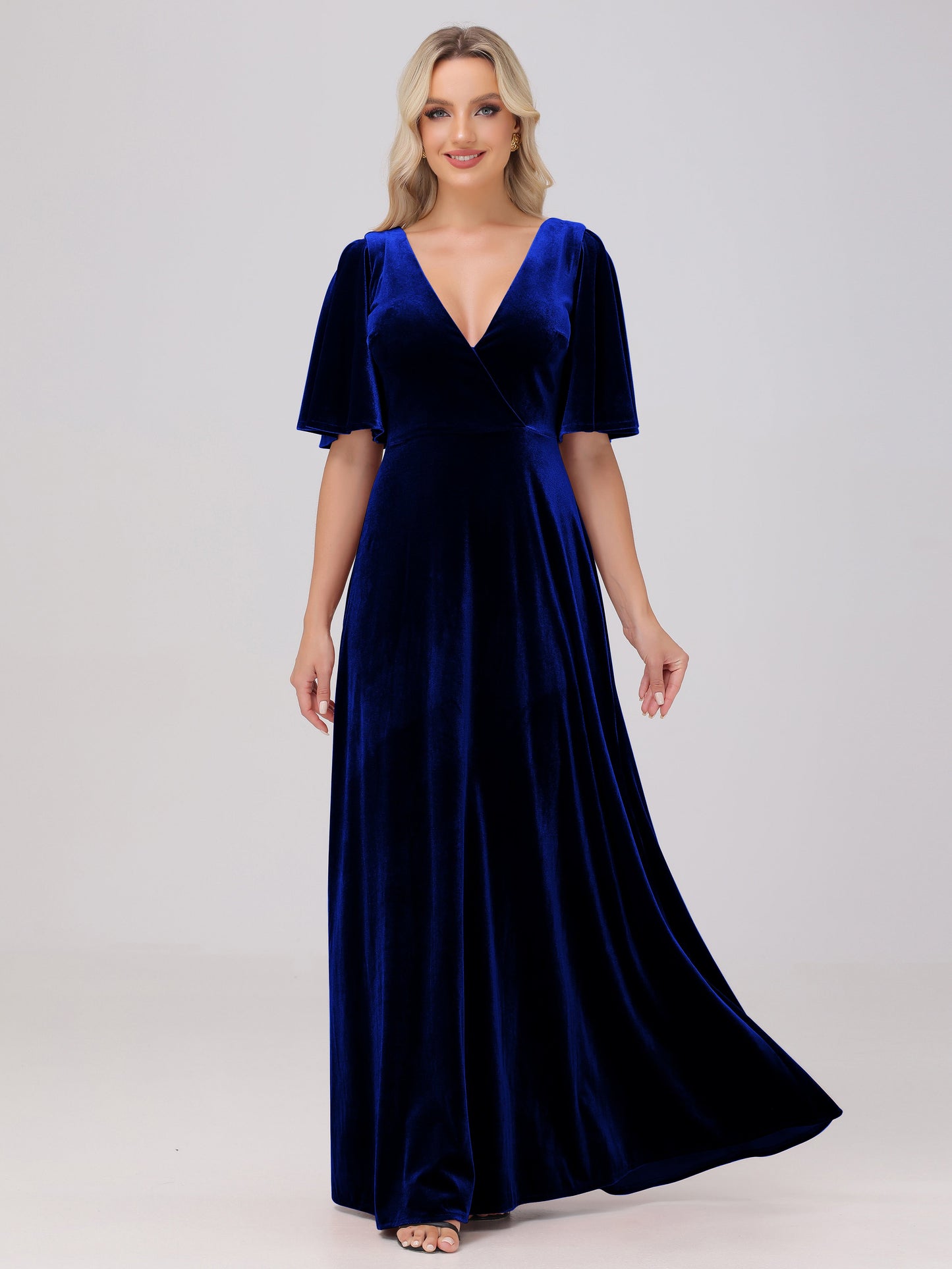A-Line V-Neck Short Sleeves Velvet Bridesmaid Dresses