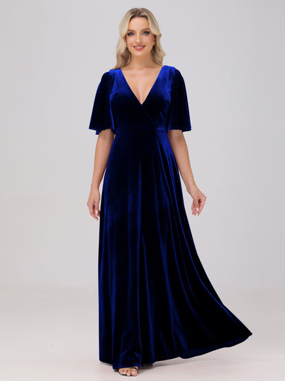 A-Line V-Neck Short Sleeves Velvet Bridesmaid Dresses