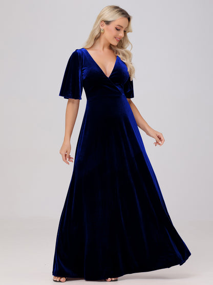 A-Line V-Neck Short Sleeves Velvet Bridesmaid Dresses