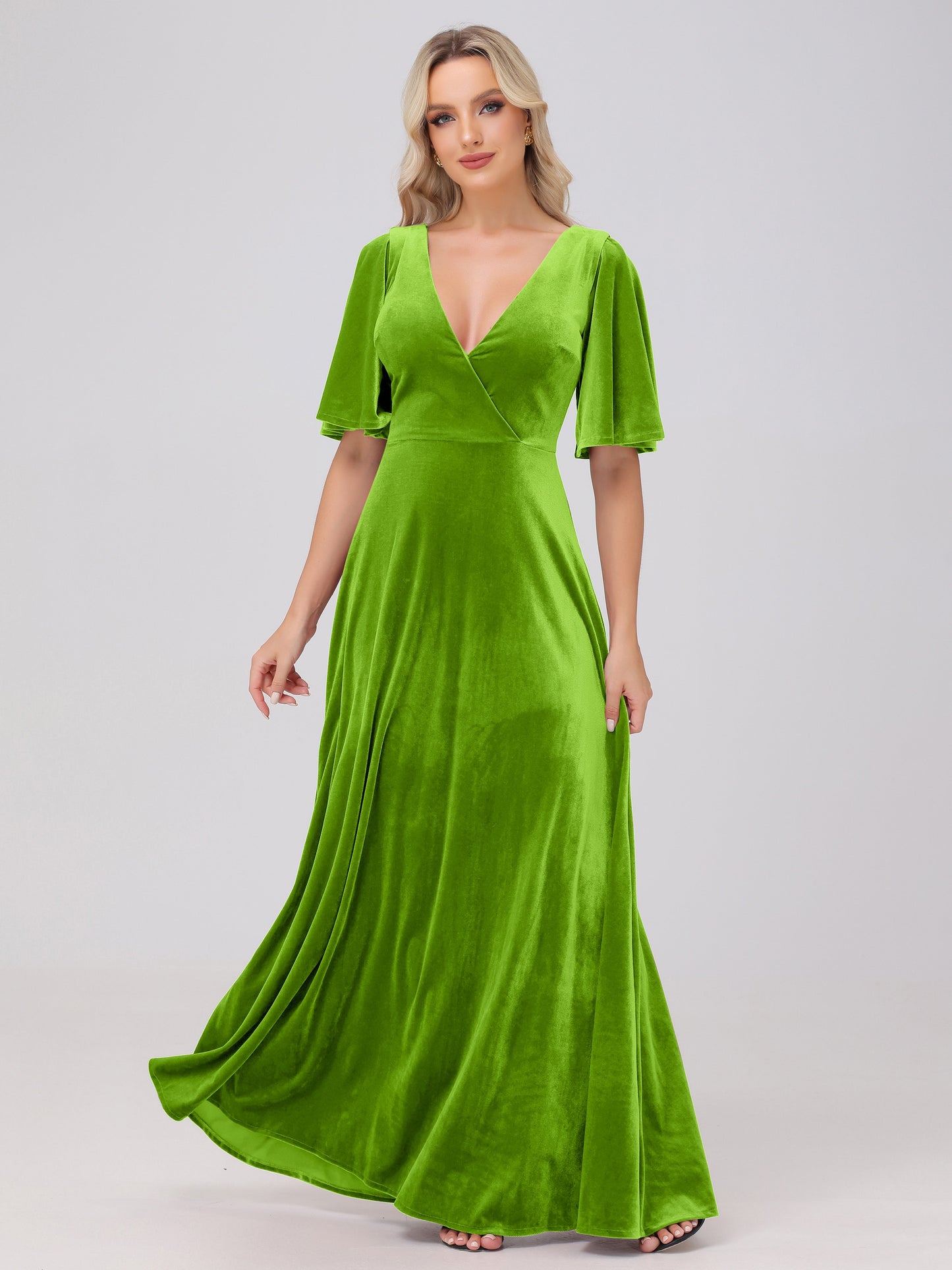 A-Line V-Neck Short Sleeves Velvet Bridesmaid Dresses