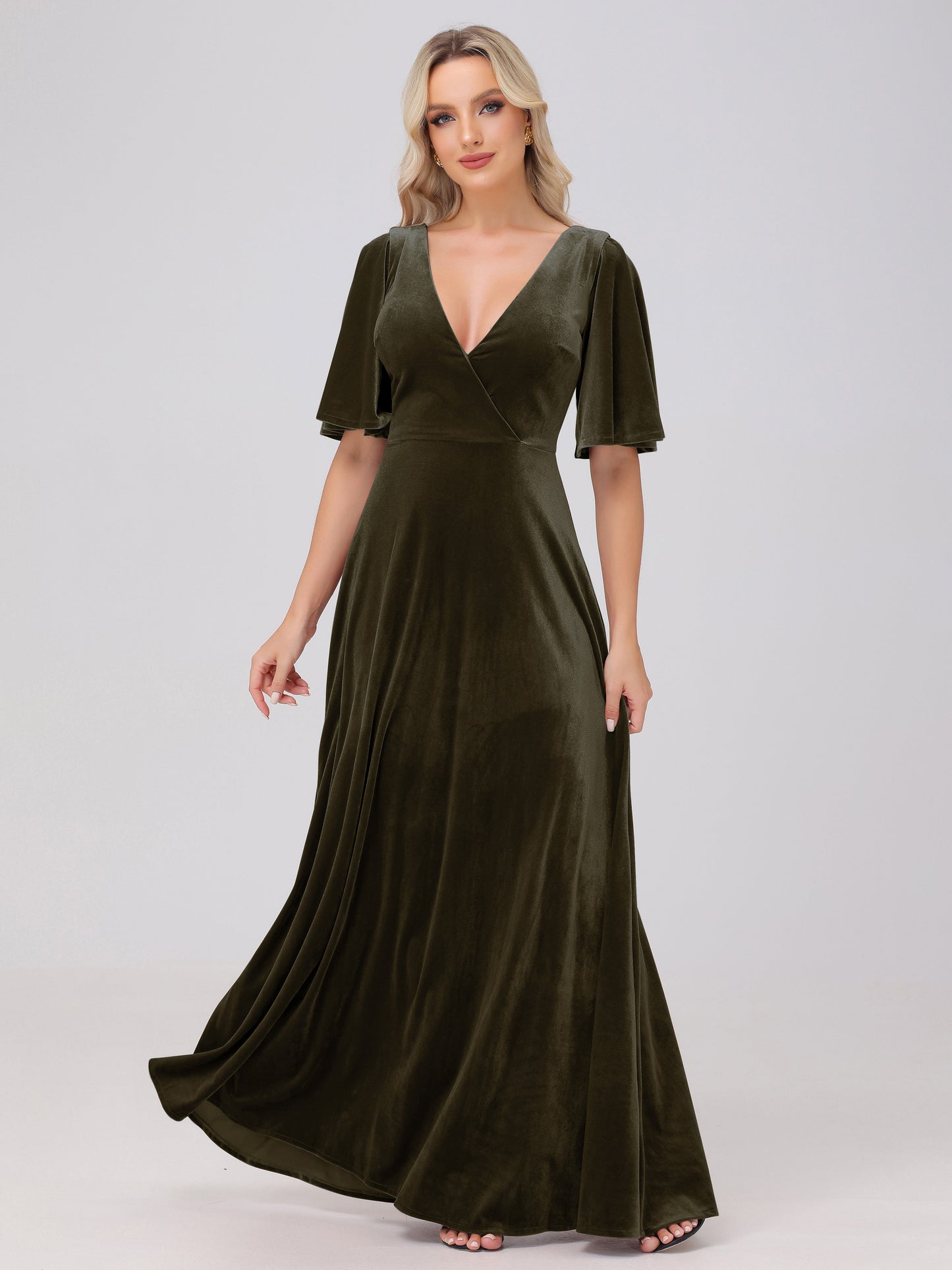 A-Line V-Neck Short Sleeves Velvet Bridesmaid Dresses