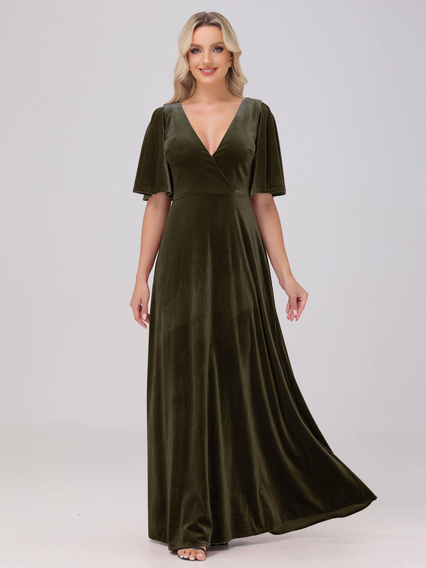 A-Line V-Neck Short Sleeves Velvet Bridesmaid Dresses