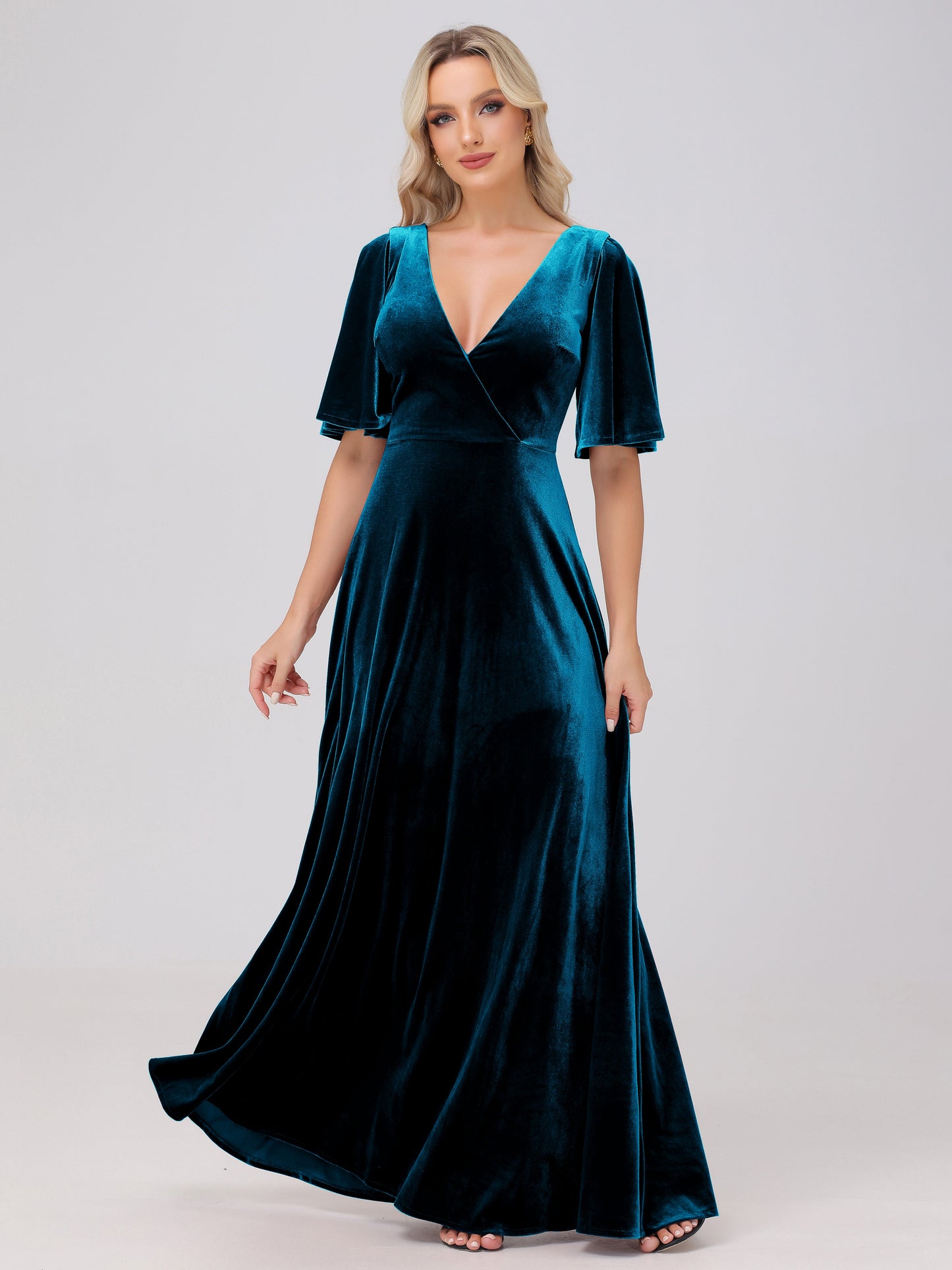 A-Line V-Neck Short Sleeves Velvet Bridesmaid Dresses