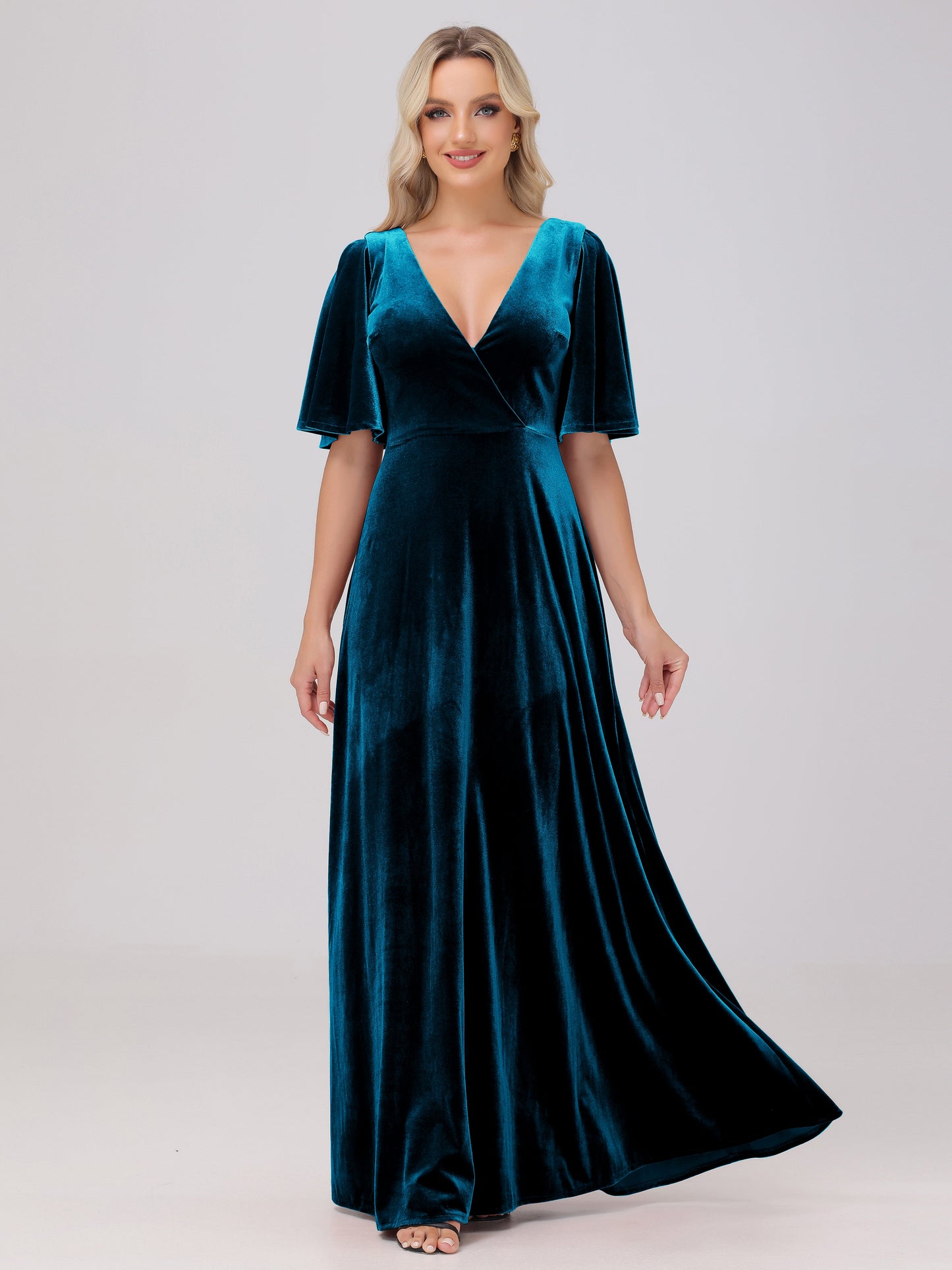 A-Line V-Neck Short Sleeves Velvet Bridesmaid Dresses