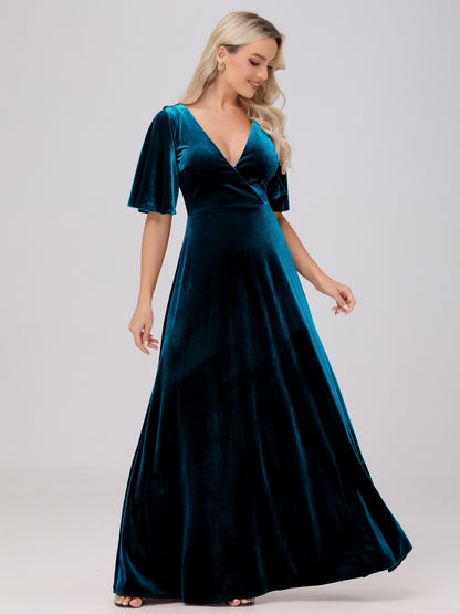 A-Line V-Neck Short Sleeves Velvet Bridesmaid Dresses