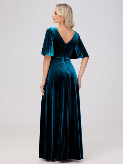 A-Line V-Neck Short Sleeves Velvet Bridesmaid Dresses