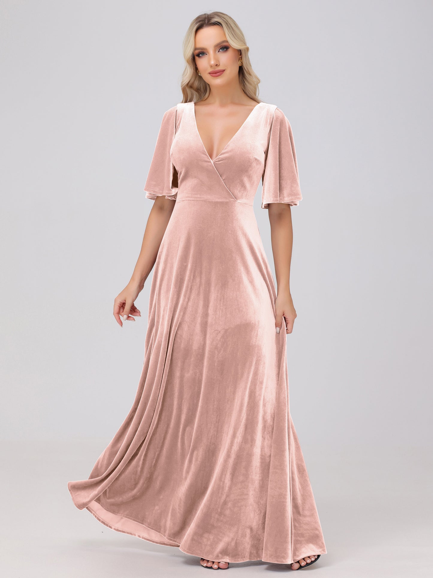 A-Line V-Neck Short Sleeves Velvet Bridesmaid Dresses