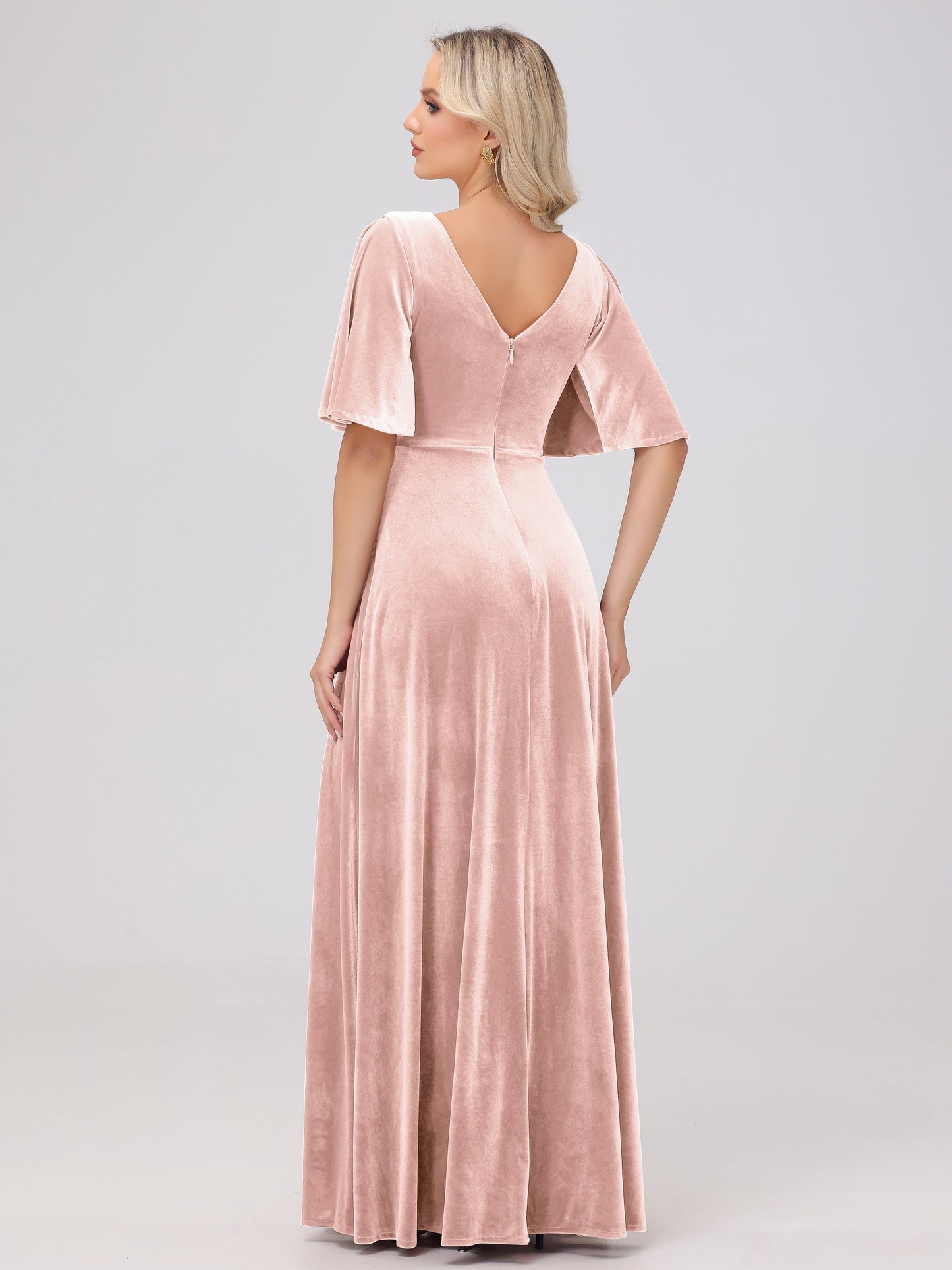 A-Line V-Neck Short Sleeves Velvet Bridesmaid Dresses