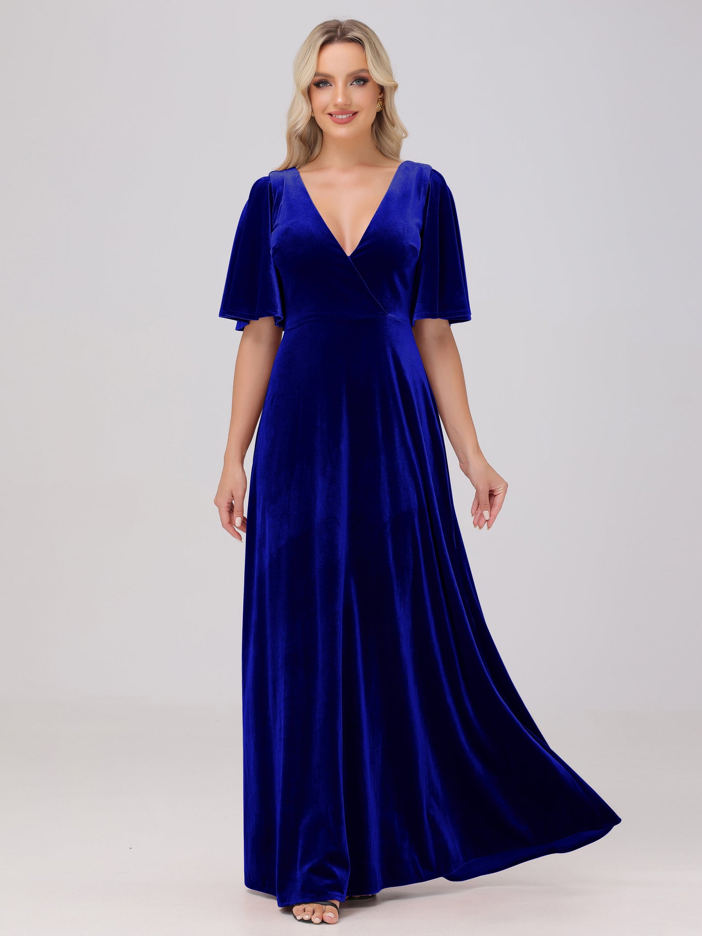A-Line V-Neck Short Sleeves Velvet Bridesmaid Dresses