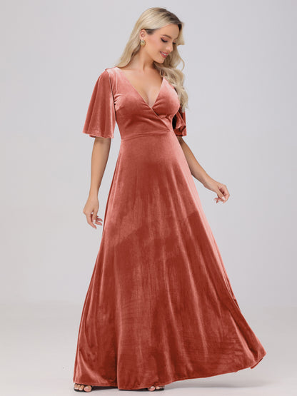 A-Line V-Neck Short Sleeves Velvet Bridesmaid Dresses