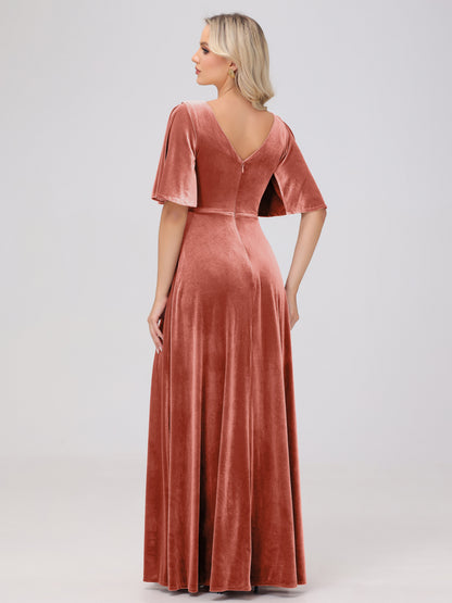 A-Line V-Neck Short Sleeves Velvet Bridesmaid Dresses